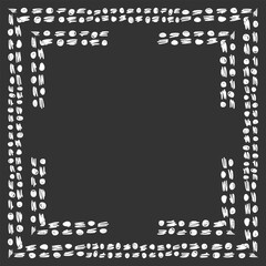 Square double frame of different sized handwritten dashes and dots. White on black. Vector illustration