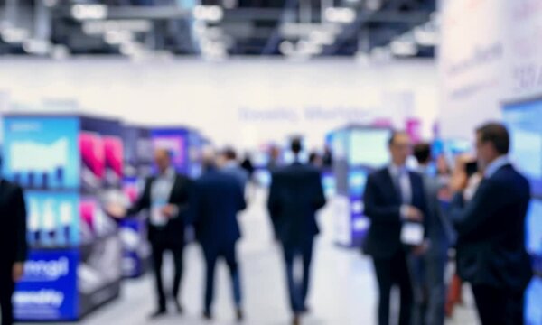 Blurred view of a crowded trade show or conference. Suitable for presentations, websites, marketing materials, and social media posts.