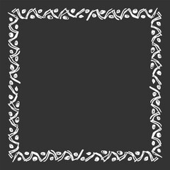 Square frame of different sized handwritten ethnic elements. White on black. Vector illustration