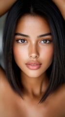 Obraz premium A woman with long black hair is posing for a picture