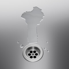 Water shaped of Benin Map on a stainless steel surface draining into a drain 3d illustration