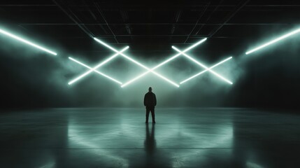 A man stands in an expansive room with intersecting light beams, representing themes of discovery, decision-making, and crossroads within a futuristic abstract environment.
