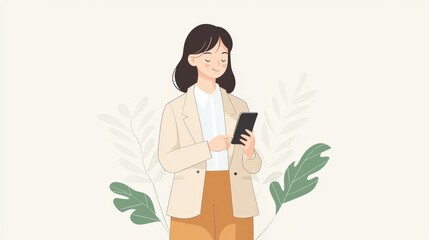 Woman Browsing on Phone, Minimalist Illustration