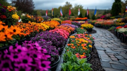 Naklejka premium A beautiful garden path surrounded by vibrant flower arrangements of multiple colors, evoking feelings of peace, happiness, and the beauty of nature.