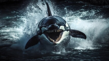 orca whale charging toward the camera, orca whale diving , orca whale swimming, orca whale attack ,angry animal