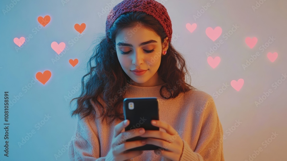 Poster young woman using a smartphone while multiple neon pink hearts float around her, creating a romantic