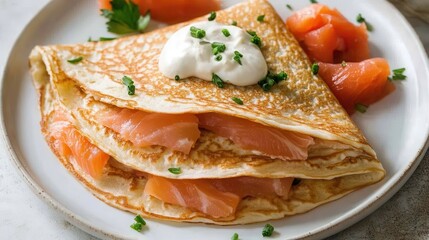 Delicious thin pancakes filled with cheese and smoked salmon served on a white table