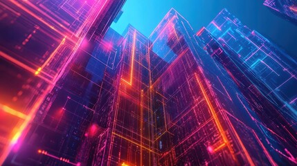 A dramatic low-angle perspective of a towering blockchain structure intertwined with financial charts