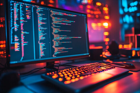 A close-up of a computer screen displaying programming code in a dimly lit, nighttime setting; vibrant red and blue tones with a blurred, abstract background