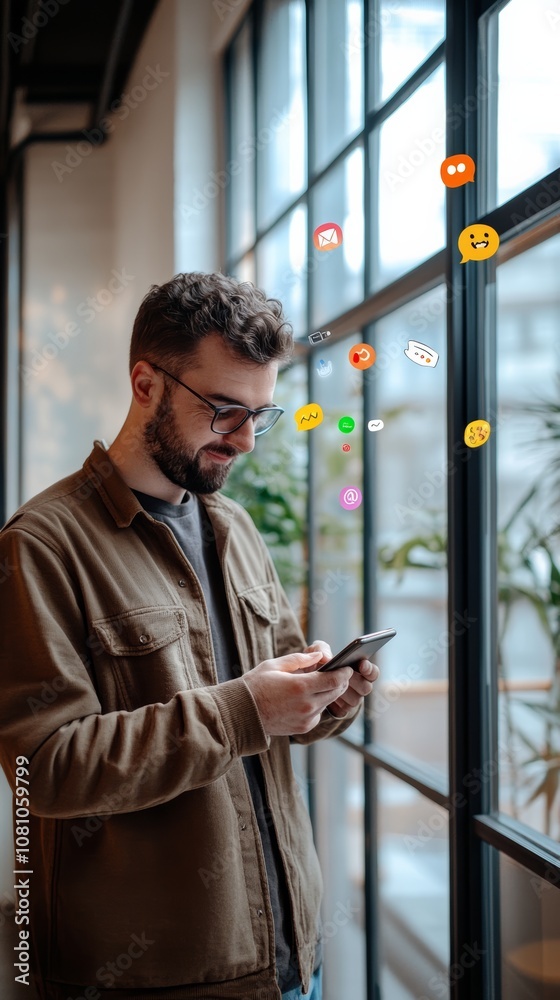 Poster young entrepreneur is using smartphone for social media marketing and checking messages while standi