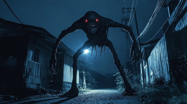 A Shadowy Aswang Lurks in a Deserted Village at Midnight