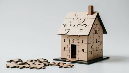 Wooden house made of puzzle pieces isolated on pastel background. Puzzle pieces arranged in a house shape. concept of mortgage. AI generated