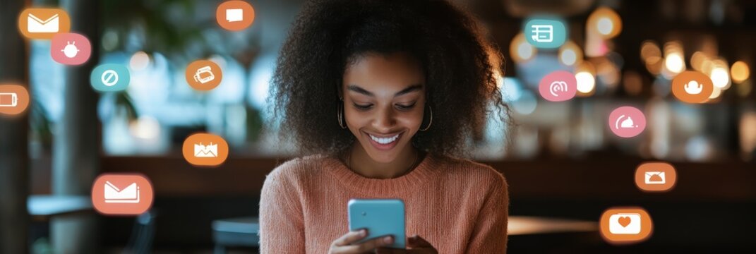 Smiling young woman using smartphone surrounded by social media icons, enjoying online communication and digital marketing apps in a modern cafe