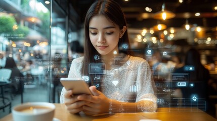 Young woman is using smartphone with augmented reality futuristic icons of social media and marketing apps while sitting in cafe