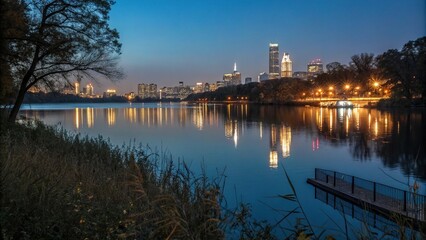 Reflection of city lights on a calm lake, urban, reflective surface, cityscape