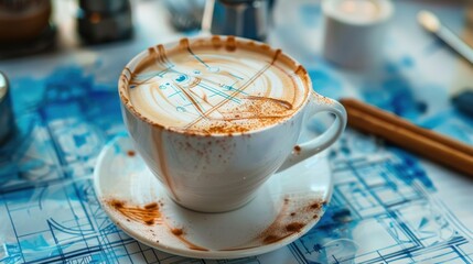 A cup of cappuccino with latte art on a blueprint background.