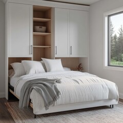 Bedroom interior decor space-saving Concept.Modern bedroom featuring a cozy bed, white cabinetry, and natural light from a window, creating a serene and inviting atmosphere.