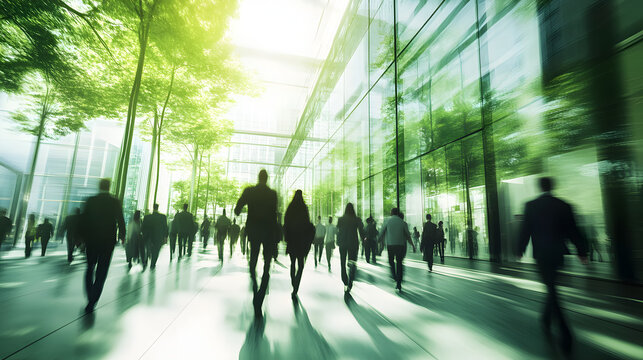 Sustainability in business center concept, business people crowd walking at corporate office in green city downtown, Abstract motion blur image, blurred background, Generative AI