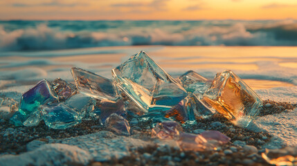 Clear glass pieces in various colors, found on the seashore.