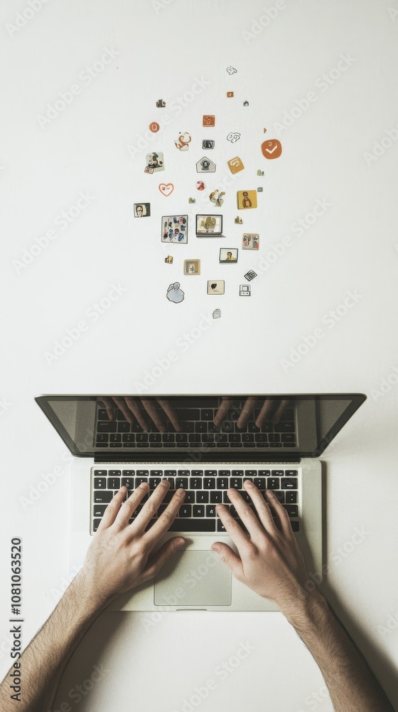 Poster Software developer typing on laptop keyboard connecting to social media and apps icons floating above representing the digital world and modern technology