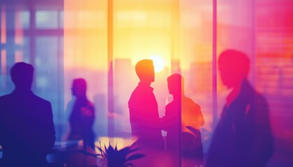 Silhouetted People Collaborating In Office Interior: Defocused Space For Teamwork Process And Informal Work Meeting With Coworkers Discussing Ideas
