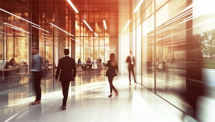 Blurry Motion Of Dynamic And Ambitious Business Individuals Striding Near Meeting Room In Contemporary Coworking Space With High-Tech Features.