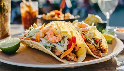 Street Food Style Tacos Gobernador with Grilled Shrimp, Cheese, and Bell Peppers, Captured in a Vibrant Outdoor Market Scene with Fresh Ingredients and Authentic Flavors