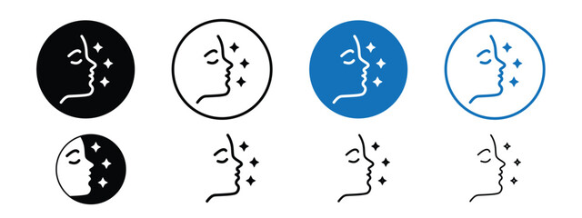 Set of 8 glowing skin icons with 1 unexpanded & 1 silhouette inside - Glowing skin icon symbolizing beauty, radiance & skincare, ideal wellness and cosmetic applications