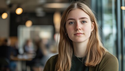 Fototapeta premium Capturing A Young Caucasian Woman In A Bustling Contemporary Office Environment