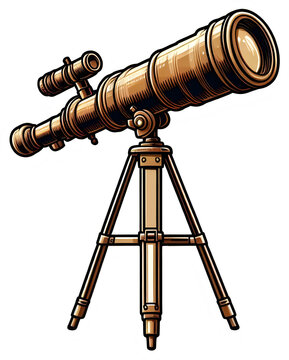 Vintage telescope on a tripos, vintage PNG clipart illustration for astronomy themed projects