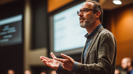 A confident speaker gestures expressively while presenting to an engaged audience, conveying passion and authority within a modern conference setting.