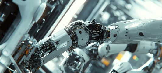 Fototapeta premium Futuristic Robotic Arms in Industrial Setting: A Close-Up View of Advanced Automation Technology