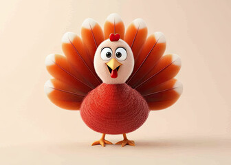 An animated turkey with vibrant orange feathers joyfully flaunts its plumage against a warm pastel backdrop, perfect for Thanksgiving cheer.