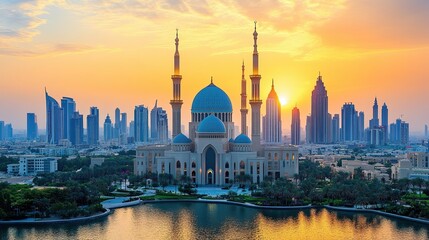 Naklejka premium Stunning Sunset View of a Mosque in a Modern City