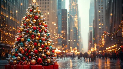 Festive city scene with a richly decorated Christmas tree adorned with colorful ornaments.