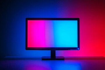 Computer monitor illuminated with pink and blue light in a dark room, creating a colorful and futuristic atmosphere