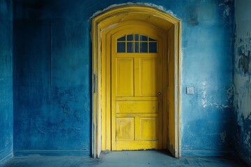 A bright yellow door stands out against a deep blue wall, offering a glimpse of a new world.  The door's aged wood and simple design suggest a history waiting to be discovered, contrasting with the sm