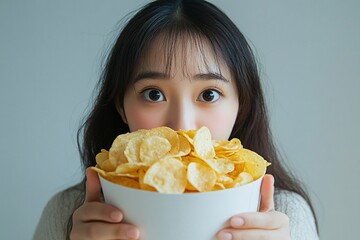 Asian woman happily indulging in potato chips, playfully hiding her face behind the snack, savoring the salty and delicious treat with satisfaction and joy indoors