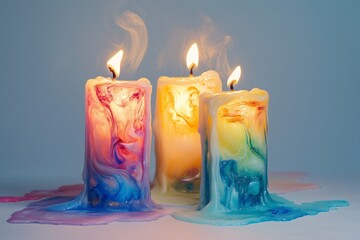 Three colorful candles melting and burning with bright flames and smoke on a light blue background