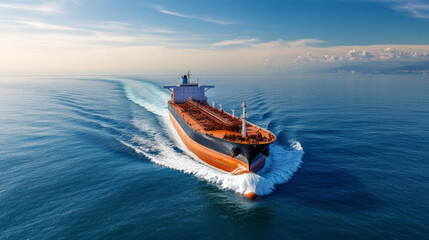 Drone footage of a tanker ship on the open sea, leaving a trail of white foam in its wake.