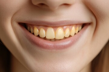 Close up of a smiling woman with unhealthy yellow teeth, highlighting dental issues and the need for whitening or cleaning