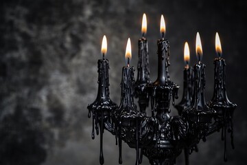 Burning black candles on a gothic candelabra dripping wax create a dramatic and mysterious atmosphere