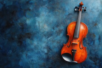 A classic violin rests against a dark blue textured background, perfect for showcasing music, art, and creative concepts.