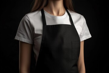 a women wearing a black apron on black background. close up plain apron mockup