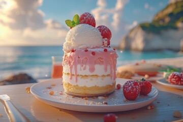 Ice cream cake with pink dripping icing, whipped cream, raspberries and scoops of ice cream melting on a tropical beach under a blue sky