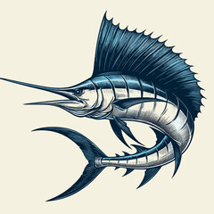 A hand drawn sketch of a blue marlin sailfish is presented as a vector illustration