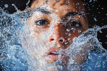 Fototapeta premium A close-up of a woman's face with water splashing around her, conveying a sense of freshness, purity, and energy.