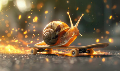 A snail races across the pavement, leaving a trail of fire in its wake, as it rides a miniature skateboard. The tiny creature defies its reputation for slowness with a burst of speed
