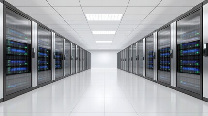 Fototapeta premium Data Center Server Corridor with Illuminated Racks. Perspective View of Technology Infrastructure