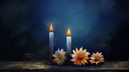 Serene still life with cross, orange chrysanthemums and candles in the soft glow of burning flame on dark blue background. Watercolor illustration. All Saints Day, All Souls Day, memorials and funeral